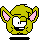 Pixelated yellow creature with pink ears and white eyes displays three distinct facial expressions across a