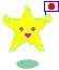 Yellow star-shaped character with gray eyes and pink mouth holding a white flag with red circle, standing on green oval base.