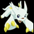 Pixelated anime-style buddy icon featuring a white and yellow creature with blue eyes, alongside stylized text on a black background.
