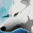 Pixelated image of a white animal with dark eyes and a black nose, partially visible against a light blue and white background.