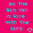 Cyan pixelated text on bright pink background reads "so the lion fell in love with the lamb" with two white heart symbols at bottom right.