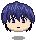 Four pixelated anime-style character head icons with blue hair and purple eyes arranged in a , each showing distinct facial expressions