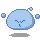 Two pixelated blue oval shapes with dark blue V-shaped eyes and small square bubbles floating around them on a gray background.