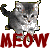 Pixelated gray cat with black tail raised, white chest and paws, standing above red 'MEOW' text on white background.