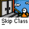 Animated contact sheet of 25 pixel art frames showing a cartoon character in various school and classroom scenarios with speech bubbles, text overlays, and background changes.