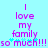 Light blue background with purple text reading 'I love my family so much!!!' and four cyan stars below the word 'family'.