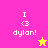 Pixelated text 'I <3 dylan!' on four colored quadrants with a star icon in the bottom-right of one quadrant.