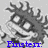 Pixelated grayscale icon with abstract branching shapes and two large circular eyes, blue text reading 'Firster.' at the bottom.