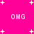 Bright pink background with white pixelated text "OMG" repeated three times and scattered white plus signs.