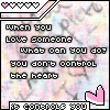 identical pixelated displaying text about love and control, each with pink hearts and a pastel background