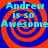 A static image with four identical quadrants featuring a blue background, orange spiral patterns, and cyan text reading "Andrew is so Awesome" in a pixelated font.