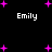 Black background with four white 'Emily' text instances and scattered pink plus signs in a pixelated style.