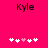 Bright pink background with black text 'Kyle' at top, five white and one light pink pixelated heart symbols arranged horizontally below.