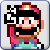 Pixel art character with black hair, pink and white facial features, wearing a red outfit with blue pants.
