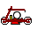 Pixel art animation of a red scooter with white wheels and a white ball on top, interacting with a blue-shirted figure holding red-and-white objects.