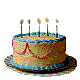 A single birthday cake with blue and pink icing, brown base, and multiple candles on top, displayed in a of 12 identical static frames