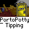 Animated contact sheet showing sequential frames of a pixel art animation featuring yellow porto-potties, gray cars, and white stick figures tipping over in a dark outdoor setting with brown foliage.