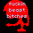 Red pixelated skull with blue text 'fuckin beast bitches' on black background, showing animation changes across frames.