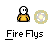 Pixelated character with white head and yellow shirt, positioned next to a glowing circular effect on gray background; text below reads "Fire Flys".