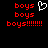 Red pixelated text 'boys' repeated three times with multiple exclamation marks and a white heart symbol on black background.