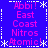 Blue background with pink text reading 'Abbi! East Coast Nitros Atomic!' in four quadrants, bordered by white pixelated snowflakes and dashed lines.