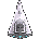A pixelated blue and white animated icon with a central spherical shape surrounded by swirling patterns, transitioning from a pointed top to rounded forms.