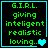 Four identical pixel-art display green text on black background with cyan border, each containing 'G.I.R.L. giving intelligent realistic loving.' followed by a heart symbol