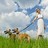 A pixelated static image shows a person in white clothing walking two dogs on leashes across green grass under a cloudy sky.