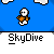 Pixelated character with white head and orange body floats among clouds on blue background, text "SkyDive" below.
