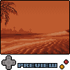 Pixel art scene of a desert landscape with palm tree, distant structures, and sandy terrain under orange sky.