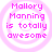 Four identical pixelated circular icons display pink text reading 'Mallory Manning is totally awesome' over a light purple spiral background.