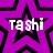Purple star-patterned background with white text 'tashi' overlaid on multiple stars, some areas showing gray pixelation.