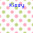 Pixelated pattern of pink and green rounded squares on white background with blue text 'Kissy' centered.