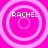 Four identical circular patterns with concentric rings on a bright pink background, each containing the text "RACHEL" in white pixelated letters.