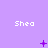 Purple background with repeated white text 'Shea' and changing purple symbols below each text.