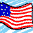 Animated pixel art of a waving American flag with red and white stripes, blue field with white stars, against light blue sky background.