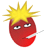 Red oval-shaped character with spiky yellow hair, squinting eyes, and a cigarette in its mouth against a gray background.