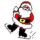 Pixelated Santa Claus in red and white suit with black pants, yellow belt buckle, skating on ice with motion effects.