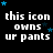 Black background with white text reading 'this icon owns ur pants' and scattered blue stars in various positions