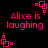 Pixelated pink text 'Alix is laughing' on black background with four corner square-dot patterns, alternating between two distinct dot arrangements.