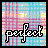 Pixelated text 'perfect' in white with black outline on a multicolored pixel grid background featuring pink, blue, and yellow tones.
