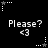 Black background with white pixelated text 'Please?' and '<3' repeated in two , surrounded by animated star-and-dot patterns