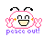Pixel art character with multiple color variations, each displaying 'peace out!' text beneath a smiling face and raised hands.