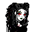 Pixel art character with black hair, red eyes, green lips, and a white face holding a small object; text reads "NO WAY" and "OUT" below.