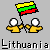 Two pixelated figures in yellow shirts hold a waving Lithuanian flag above their heads against a gray background with "Lithuania" text below.