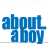 Static blue text logo on white background with gray bottom border, displaying "abput a boy" in pixelated font style.