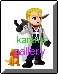 Pixelated character with blonde hair and blue eyes in gray coat, dark pants, black gloves, holding black object, standing next to orange dog on gray background with green and purple text.