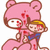 Pixelated pink bear-like character with brown outline holds smaller blonde-haired figure in blue clothing, both have red splatters on faces and bodies.