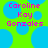 Pixelated text 'Caroline Kay Gonzales' in pink on a bright green background with blue circular shapes.