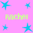 A static image with a bright pink background featuring multiple blue star shapes and repeated light green text reading "rachel".